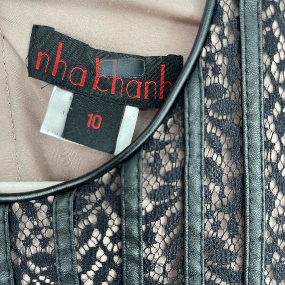 Nha Khanh Faux Leather Trimmed Lace Dress Black Size 10 - Picture 7 of 12